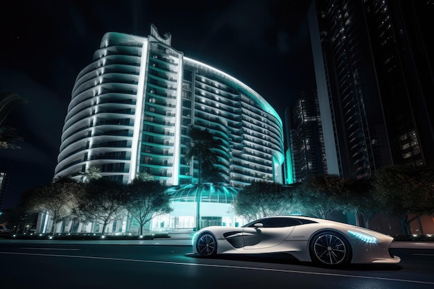 Modern sportcar parking near luxury hotel at night Generative AI