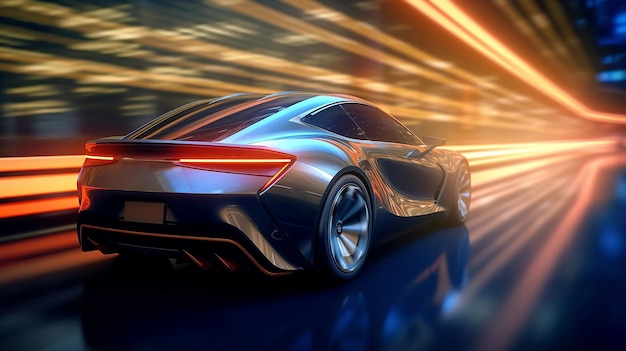 Modern sports car speeds through dark curve background