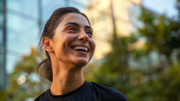 Modern sportswoman athlete smiling Happy active woman outdoor portrait