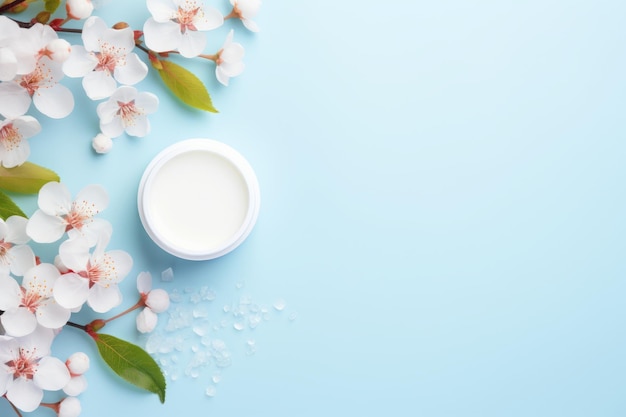 Modern spring beauty a stunning display of facial cosmetic products leaves and cherry blossom on