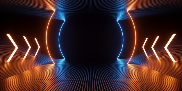 현대 무대 연단 공상 과학 오렌지 블루 라이트 레이저 빛나는 활기찬 조명 터널 복도 복도 추상 배경 그림 3d 렌더링