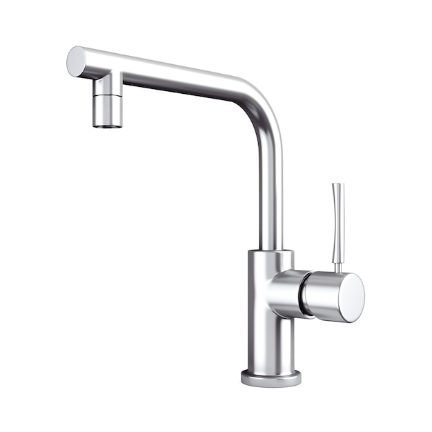 Photo modern stainless steel kitchen water tap, faucet on a white background. 3d rendering.