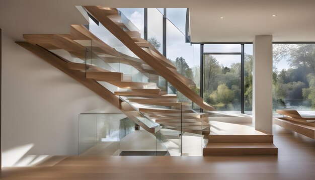 a modern staircase has a glass wall that has a glass top