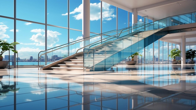 Modern stairway with white glass building