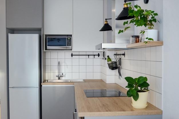 Modern stijlvol scandinavisch keukeninterieur met keukenaccessoires. helder witte en grijze keuken