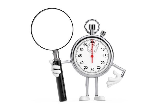 Modern Stopwatch Cartoon Person Character Mascot with Magnifying Glass 3d Rendering