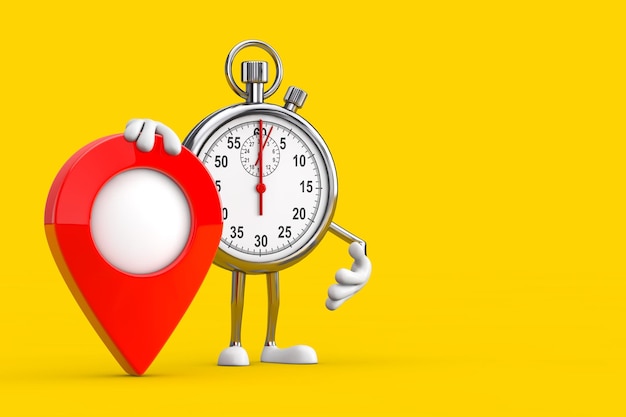 Modern Stopwatch Cartoon Person Character Mascot with Red Target Map Pointer Pin 3d Rendering