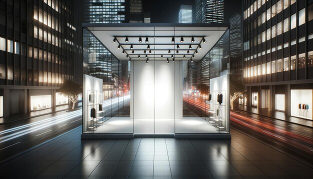 Photo modern storefront with illuminated display and urban backdrop architectural elegance and retail concept generative ai