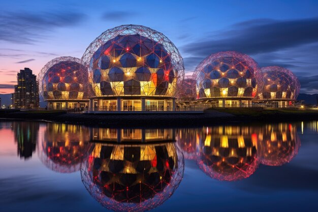 The modern structure of the Moscow State University at night Science World in Vancouver Canada AI Generated