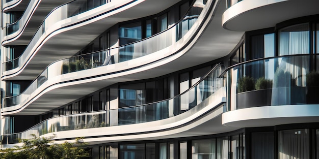 Modern structure with curved balconies on side