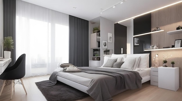 Modern studio apartment design with bedroom and living space