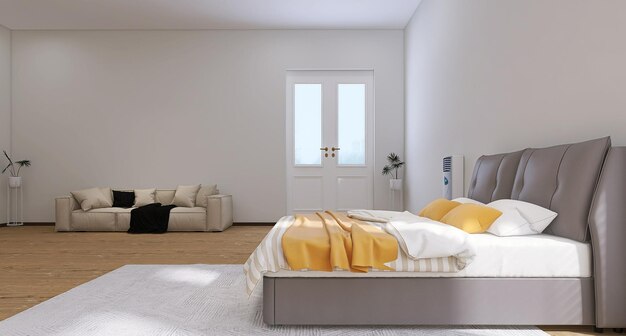 Modern studio apartment interior design with bed sofa door air\
conditioner white background