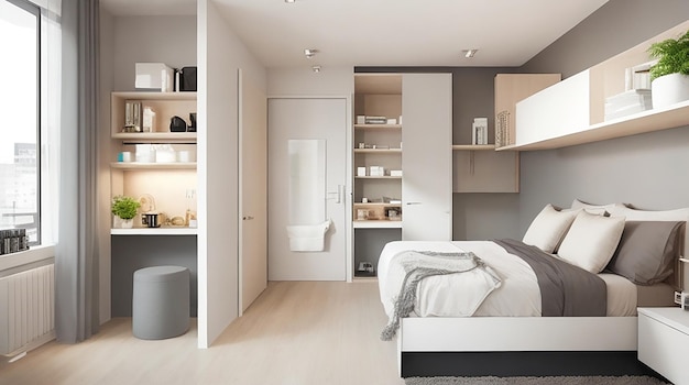 Modern studio-appartementontwerp met slaapkamer en leefruimte