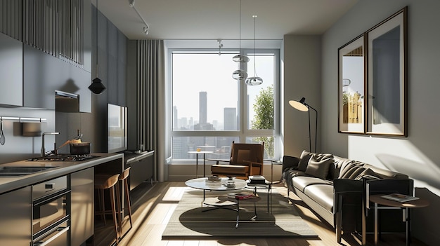 Фото Современная квартира-студия с кухней, окном в гостиной с видом на город и солнечным светом generative ai