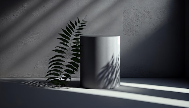 Modern studio room with palm tree and cylinder podium on the concrete floor