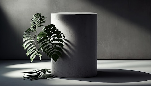 Modern studio room with palm tree and cylinder podium on the concrete floor