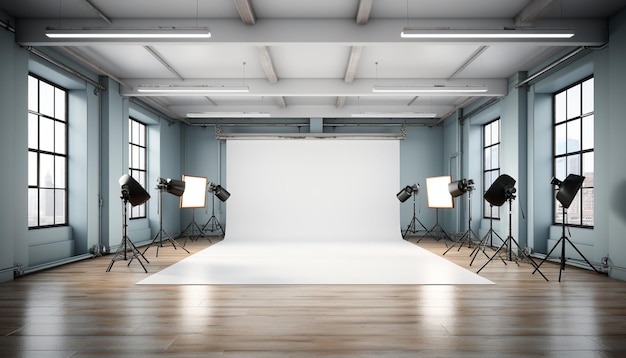 Modern studio with bright lighting equipment and clean empty space generated by artificial intelligence