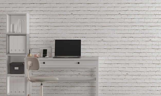 Современный дизайн интерьера кабинета с отделкой и пустой макет мебели на фоне белой кирпичной стены, 3D-рендеринг, 3D-иллюстрация