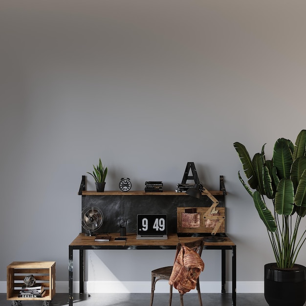 Modern Study Room Wall Mockup, Empty Wall Mockup, Work Table and Plant, 3D Render