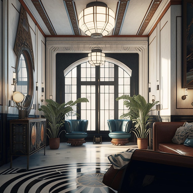 Современный дизайн интерьера гостиной в стиле арт-деко AI Сгенерированное изображение