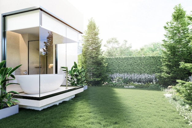 Modern style bathroom view from garden outside 3d render