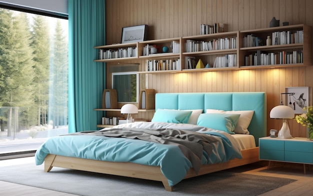 Спальня в современном стиле, синяя стена, черный деревянный пол, минималистская кровать и постельное белье Generative AI