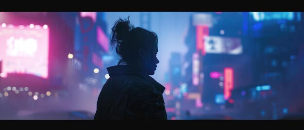 Photo modern style cyberpunk girl with fashionable also cool and mysterious city background ai generated