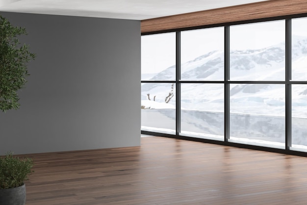 Modern style empty room with winter view There are wood floor gray wallThe room has large windows Looking out to see the view of mountain and snow 3d Rendering