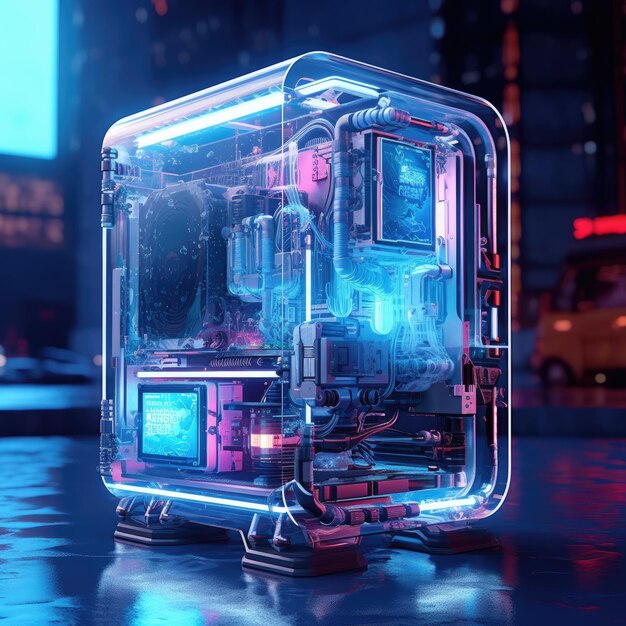 Modern style gaming pc with water cooling and lights generative ai