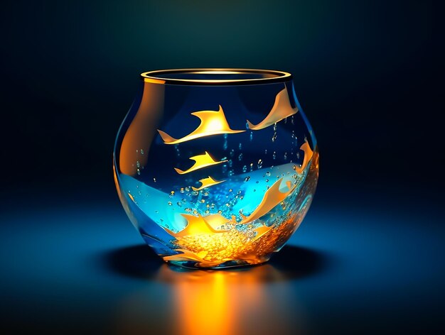 Стеклянная ваза в современном стиле с наполненной водой и светящейся рыбой-ореолом внутри вазы в стиле золотого и синего цветов.