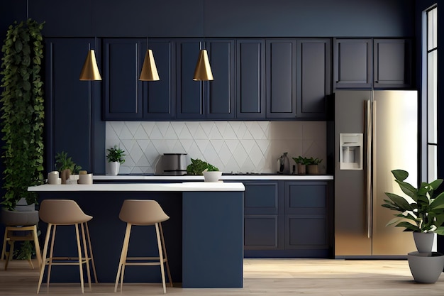 Дизайн интерьера кухни в современном стиле с темно-синей стеной3d рендеринг Generative Ai