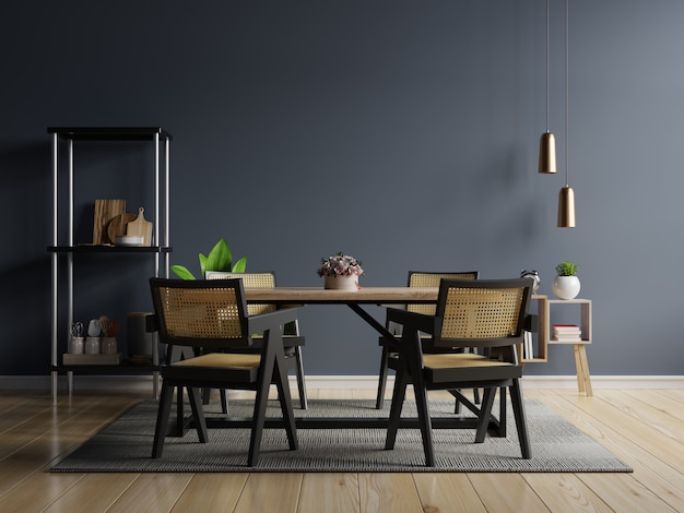 Interior design della cucina in stile moderno con parete blu scuro.