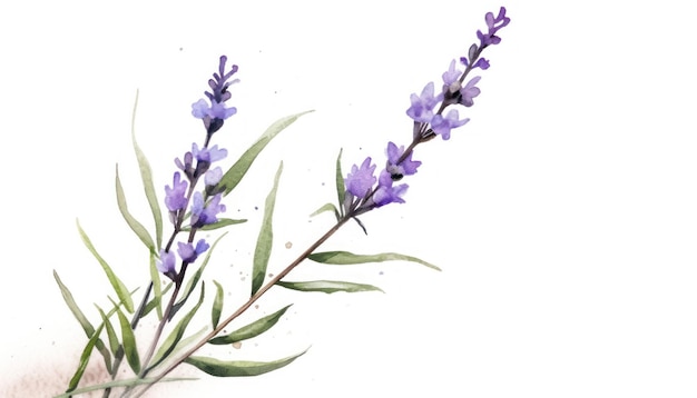 Modern Style Lavender Sprig on White Background in Watercolor Generative AI