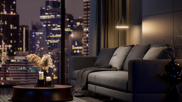 Современный стиль роскошной черной гостиной с размытым видом на город в ночном фоне 3D-рендер