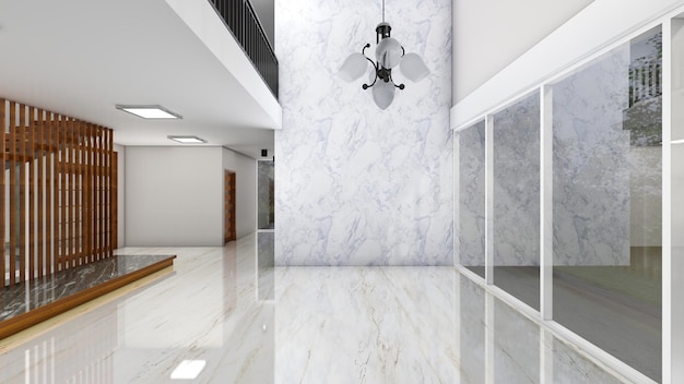 Foto stanza vuota bianca di lusso in stile moderno con lampadario e giardino e pareti e pavimenti in marmo 3d