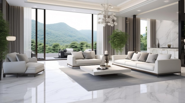 Modern style luxury white living room with glass chandelier overlooking nature view background