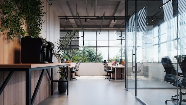 modern style office with exposed concrete floor and a lot of plants,3d rendering