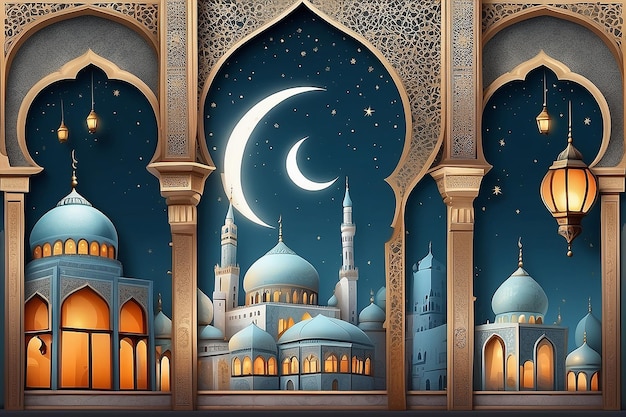 Modern style Ramadan Mubarak greeting cards with retro Windows and arches mosque dome and lantern