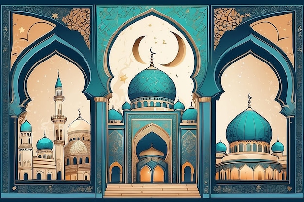 Modern style Ramadan Mubarak greeting cards with retro Windows and arches mosque dome and lantern