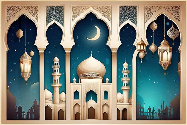 Modern style Ramadan Mubarak greeting cards with retro Windows and arches mosque dome and lantern