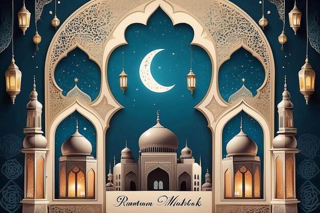 Modern style Ramadan Mubarak greeting cards with retro Windows and arches mosque dome and lantern