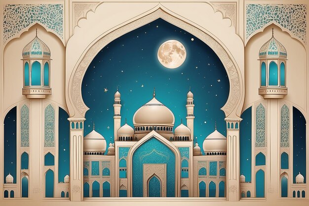 Modern style Ramadan Mubarak greeting cards with retro Windows and arches mosque dome and lantern