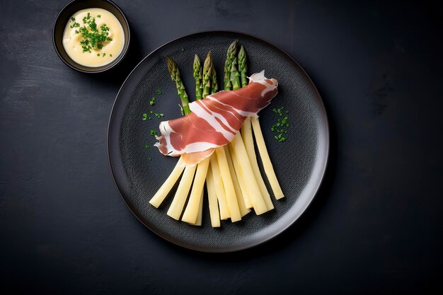 Modern Style Traditional Steamed White Asparagus with Cured Ham and Hollandaise Sauce Served as Top View on a Nordic Design Plate with Copy Space generate ai