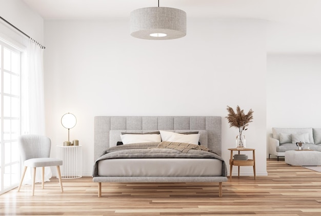 Modern style white bedroom and living room3d render