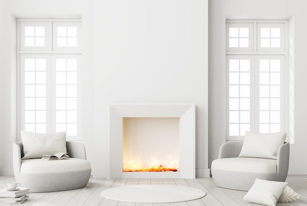 Photo modern style white living room furnished with a minimal fireplace and white fabric chair 3d render