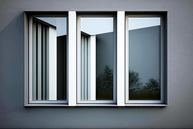 Modern stylish aluminium windows with three narrow slits against background of grey wall generative ai