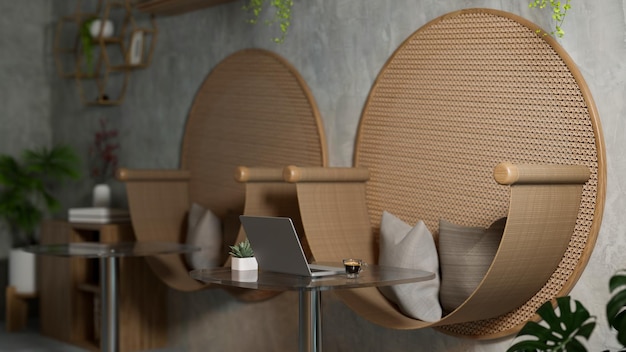 Photo modern stylish coffee shop seating area interior with stylish round armchairs