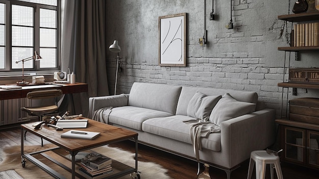 Фото Современная стильная композиция в интерьере гостиной с дизайном серого дивана generative ai