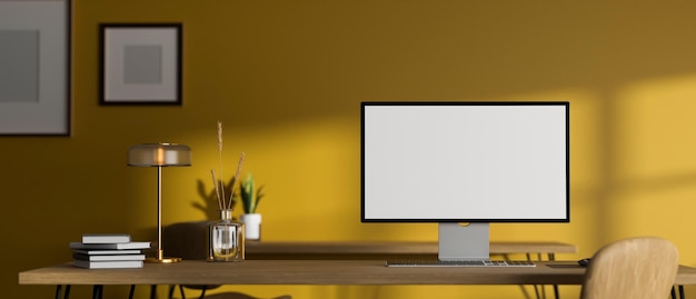 Modern stylish creative workspace with desktop computer mockup against yellow wall 3d rendering