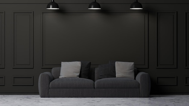 Современный стильный темный интерьер гостиной с уютным темно-серым диваном над черными стеновыми панелями